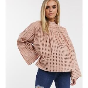 EUC ASOS maternity long sleeve smock top w/high neck & grid check broderie sz:10